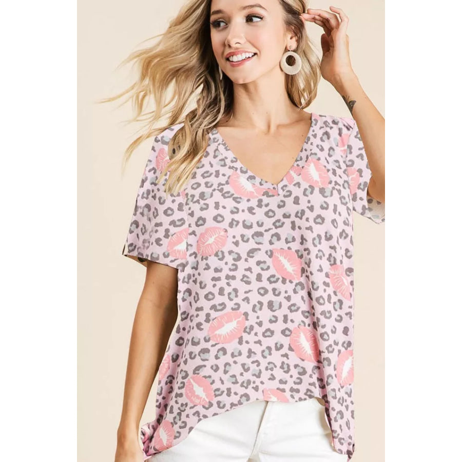 BiBi Leopard Lips Print Top V Neck Top Apparel and Accessories