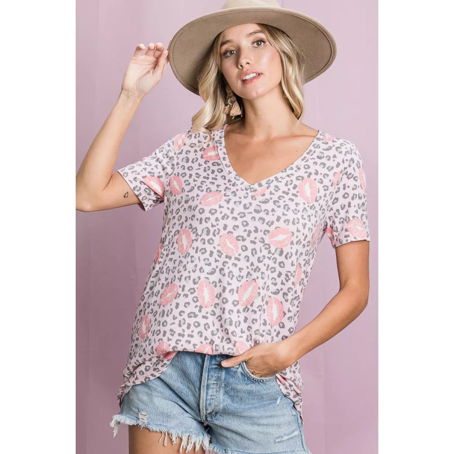 BiBi Leopard Lips Print Top V Neck Top Apparel and Accessories