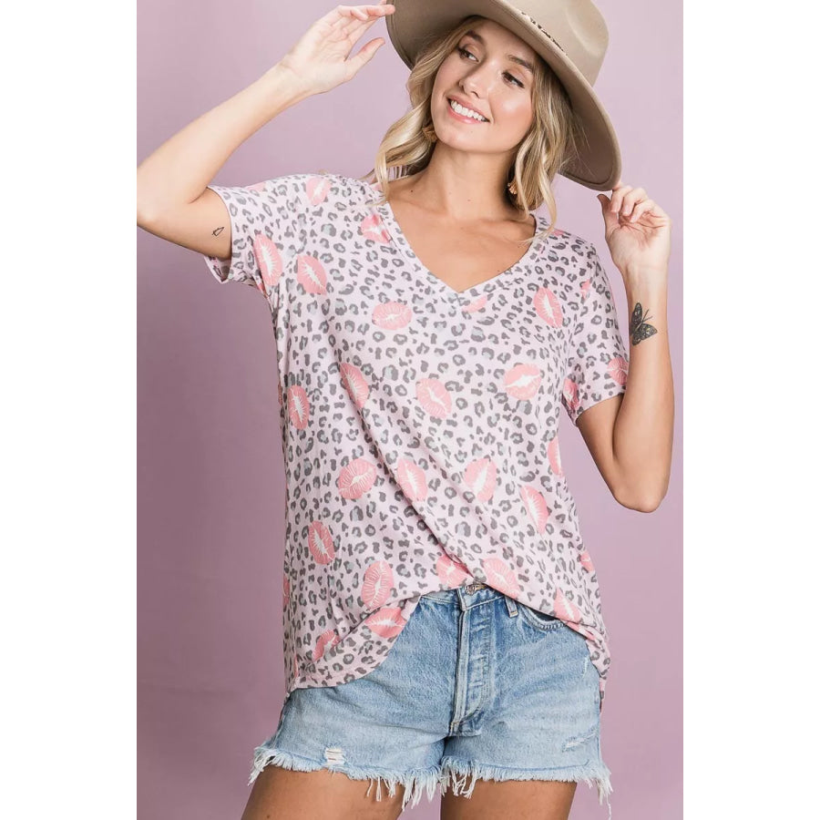 BiBi Leopard Lips Print Top V Neck Top Apparel and Accessories