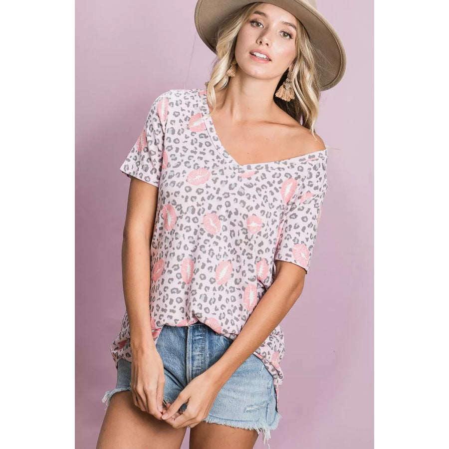 BiBi Leopard Lips Print Top V Neck Top Apparel and Accessories