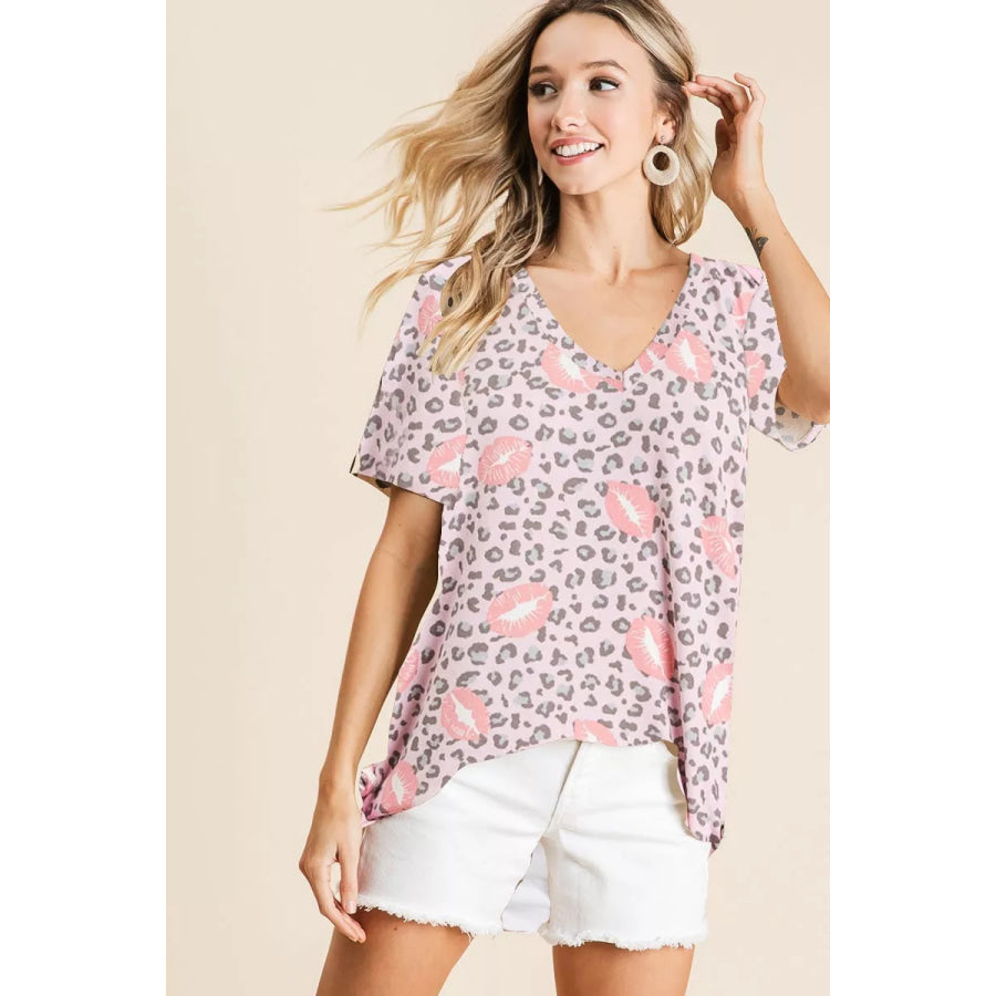BiBi Leopard Lips Print Top V Neck Top Apparel and Accessories