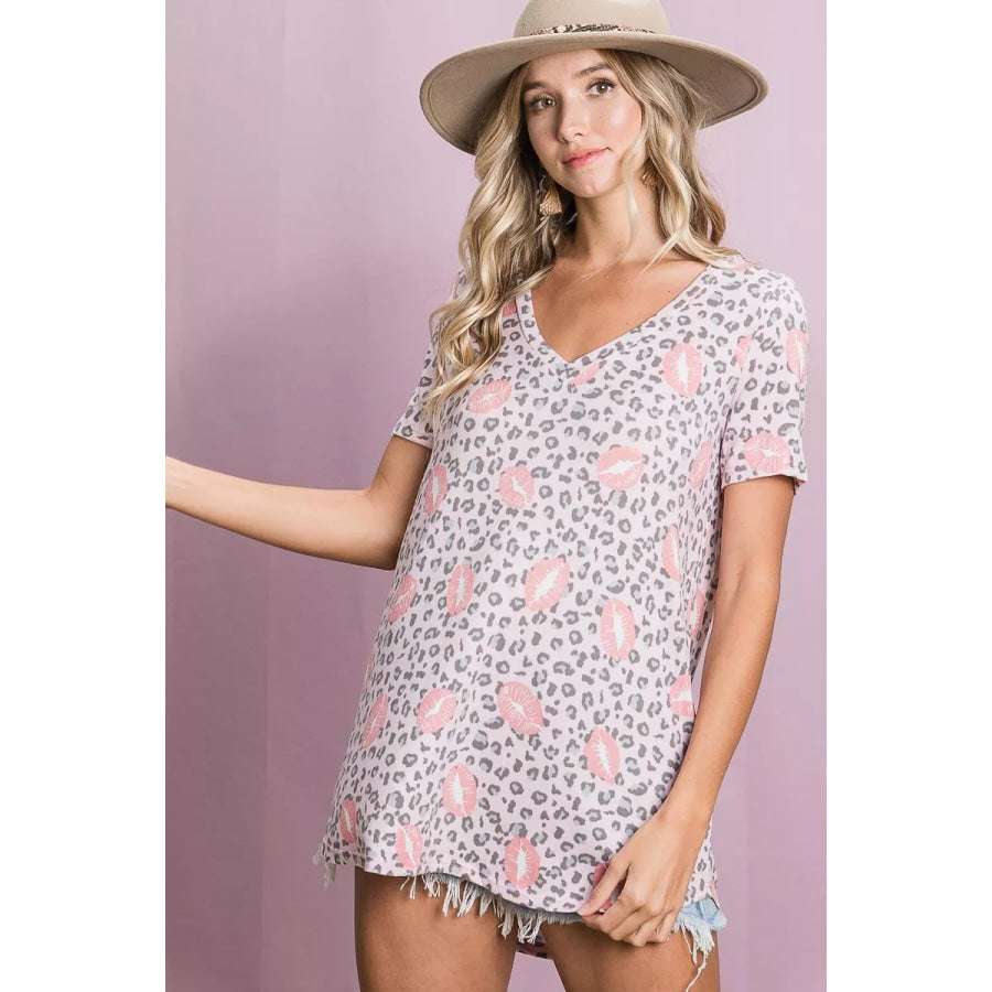 BiBi Leopard Lips Print Top V Neck Top Apparel and Accessories