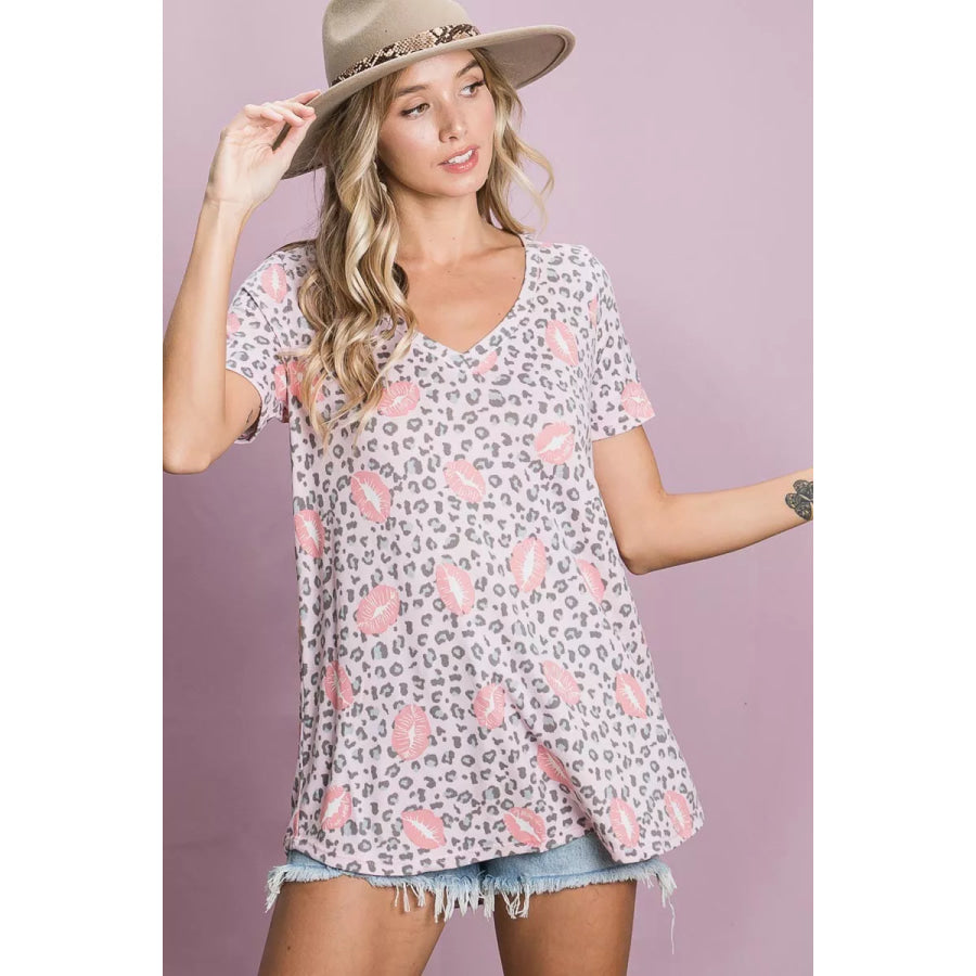 BiBi Leopard Lips Print Top V Neck Top Apparel and Accessories