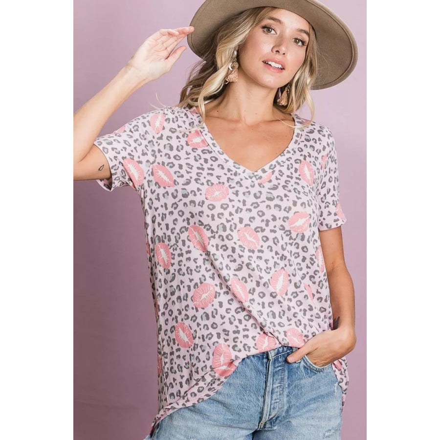 BiBi Leopard Lips Print Top V Neck Top Apparel and Accessories