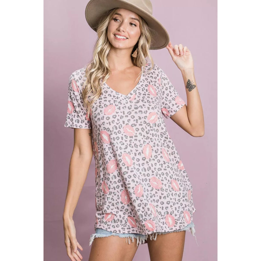 BiBi Leopard Lips Print Top V Neck Top Apparel and Accessories