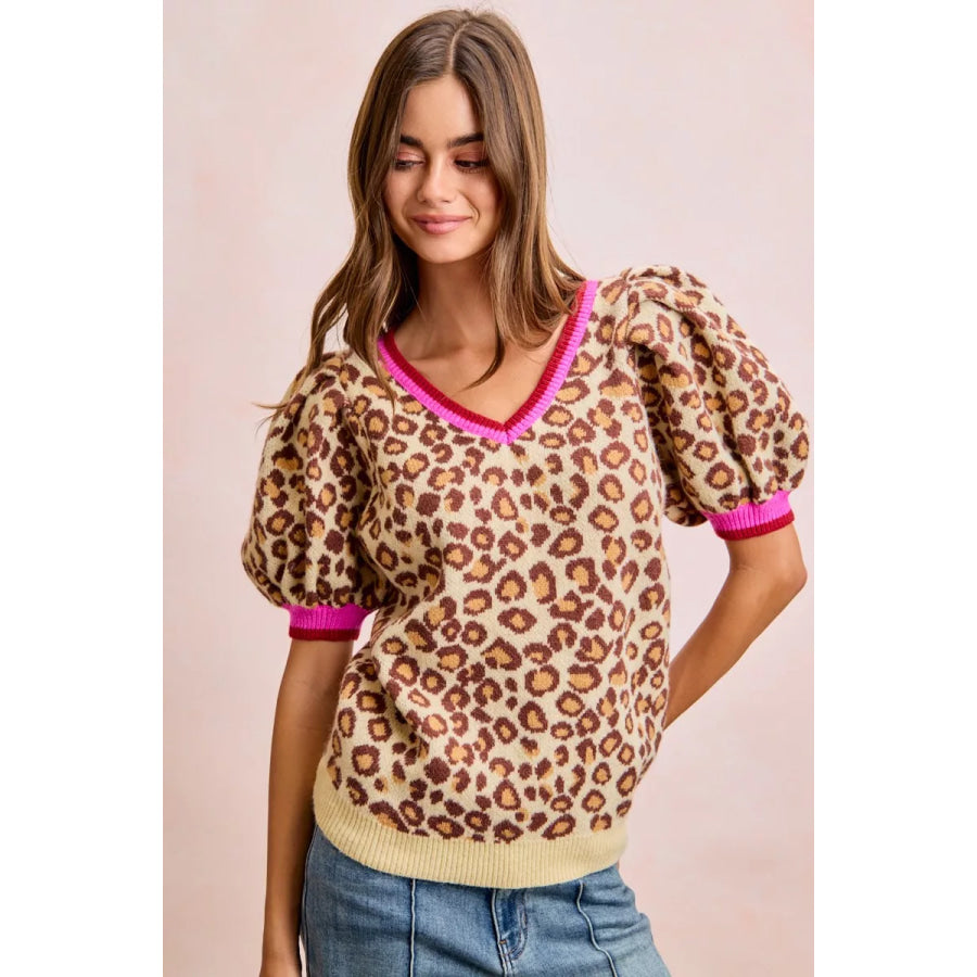 BiBi Leopard Pattern Puff Sleeve V-neck Sweater Top Apparel and Accessories