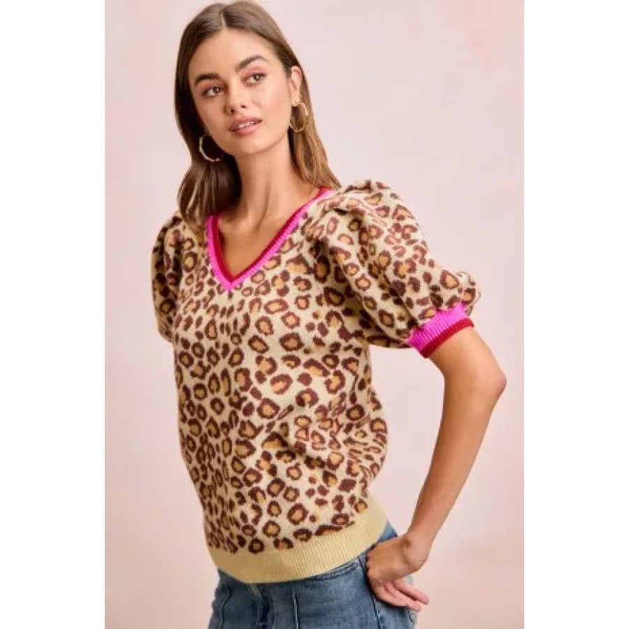 BiBi Leopard Pattern Puff Sleeve V-neck Sweater Top Apparel and Accessories