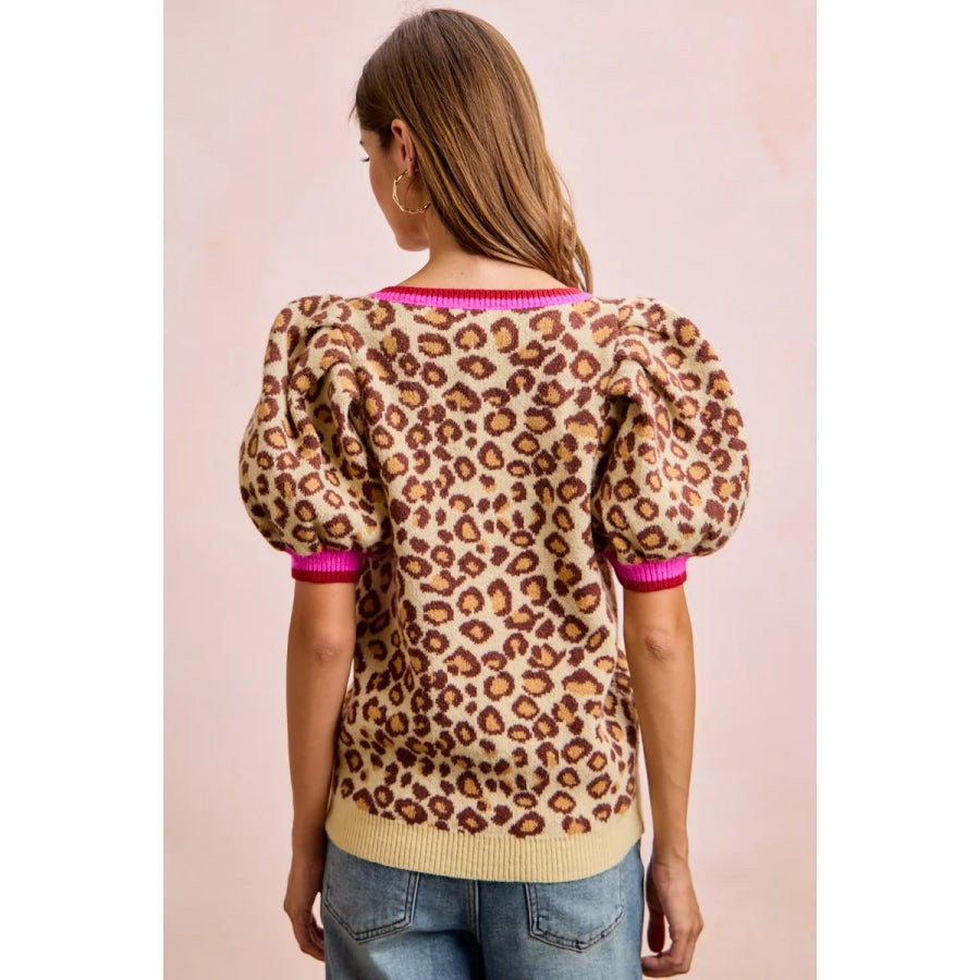 BiBi Leopard Pattern Puff Sleeve V-neck Sweater Top Apparel and Accessories