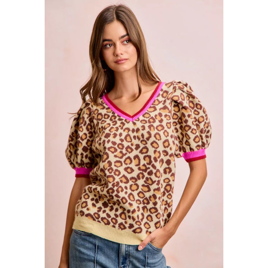 BiBi Leopard Pattern Puff Sleeve V-neck Sweater Top Leopard / S Apparel and Accessories