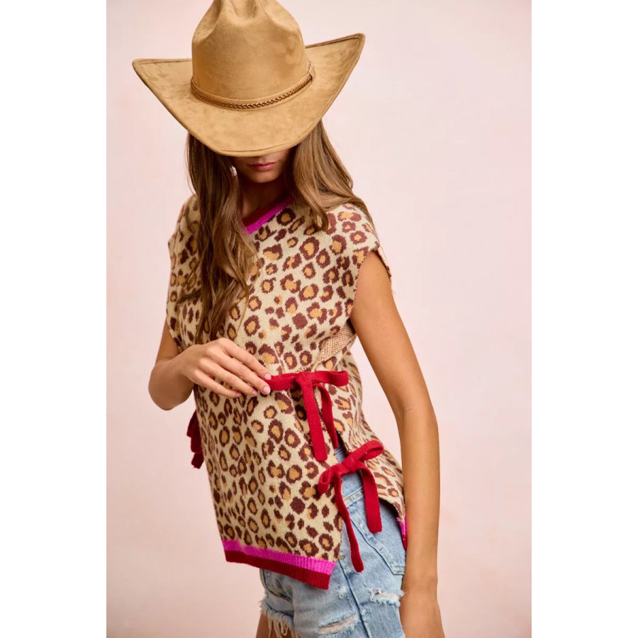 BiBi Leopard Pattern Side Tied Sweater Vest Top Apparel and Accessories