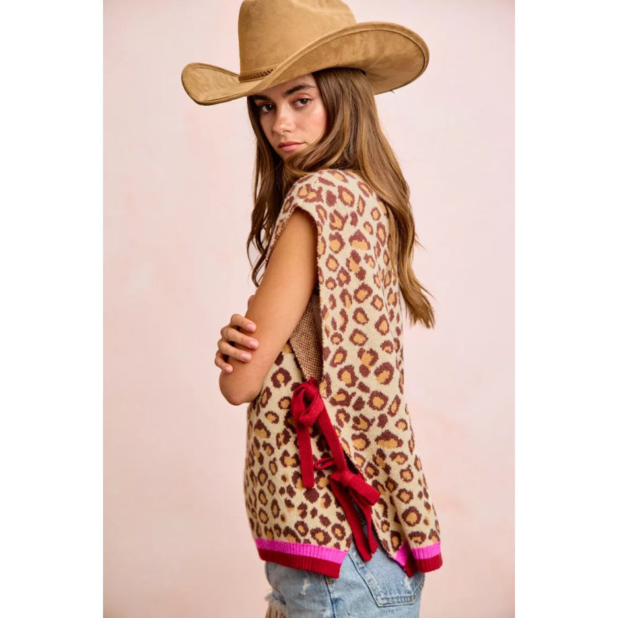 BiBi Leopard Pattern Side Tied Sweater Vest Top Apparel and Accessories