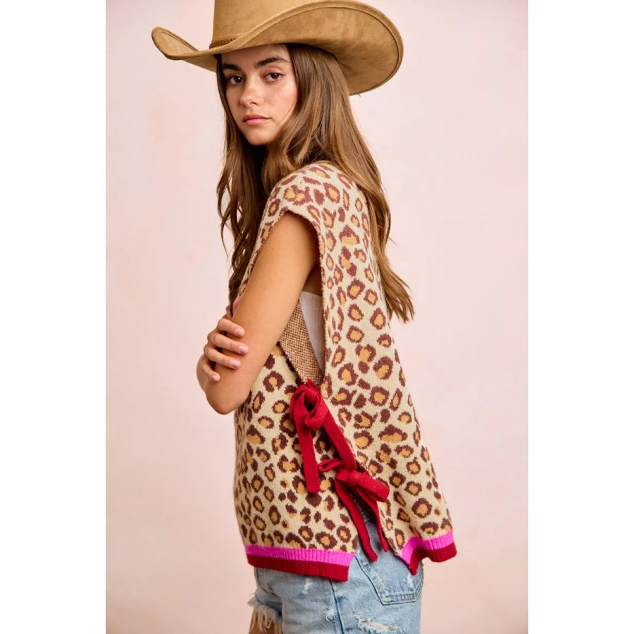 BiBi Leopard Pattern Side Tied Sweater Vest Top Apparel and Accessories