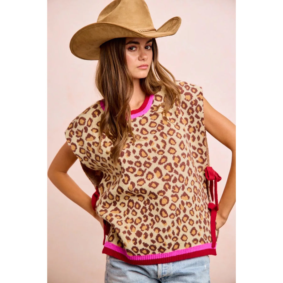BiBi Leopard Pattern Side Tied Sweater Vest Top Apparel and Accessories