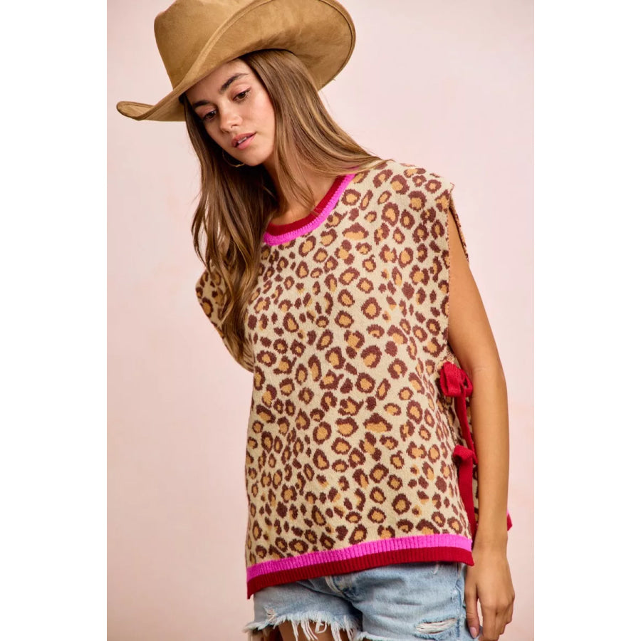 BiBi Leopard Pattern Side Tied Sweater Vest Top Apparel and Accessories