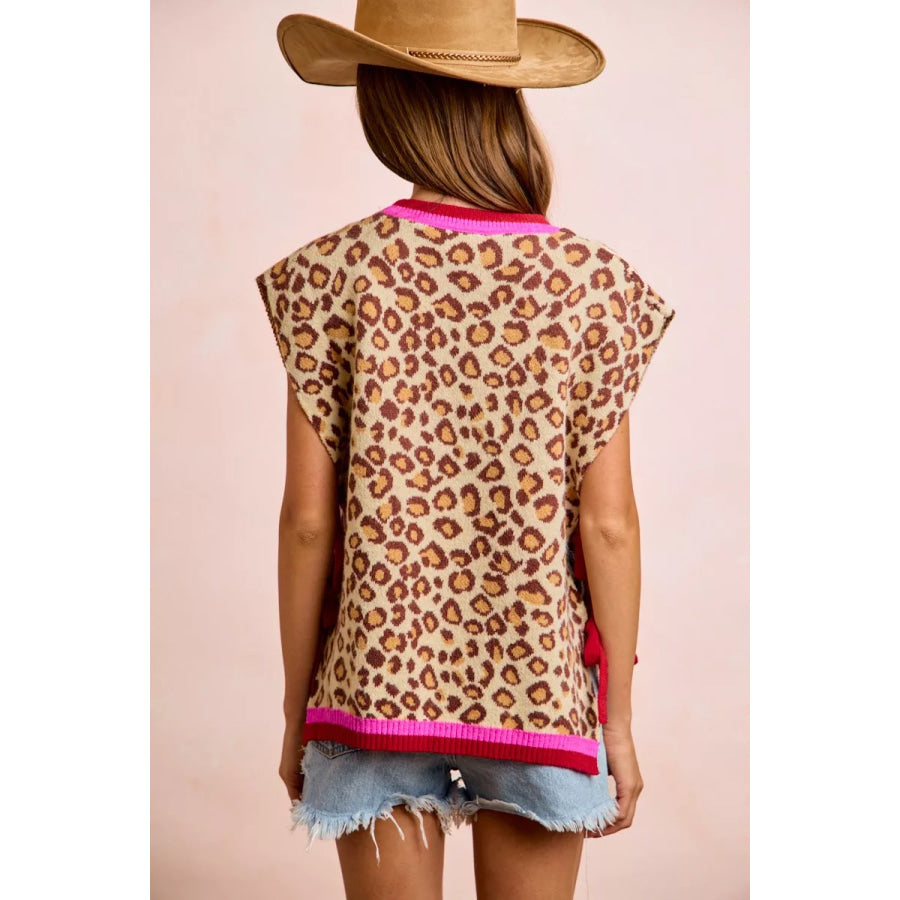 BiBi Leopard Pattern Side Tied Sweater Vest Top Apparel and Accessories