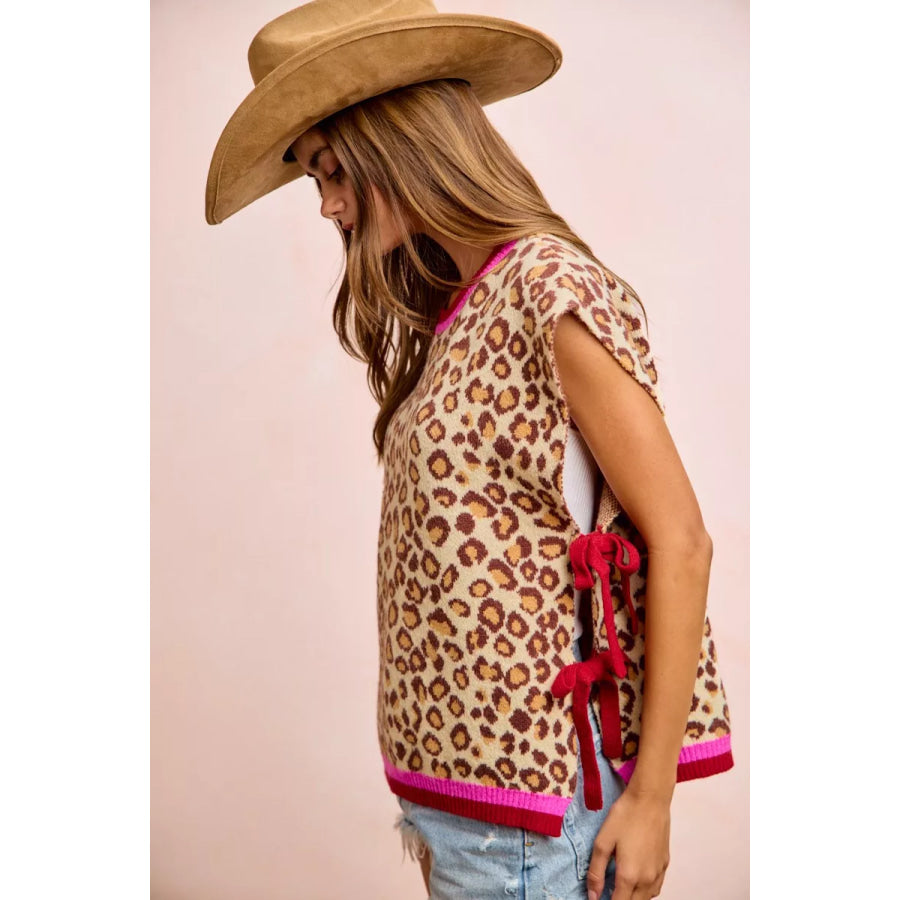 BiBi Leopard Pattern Side Tied Sweater Vest Top LEOPARD / S Apparel and Accessories