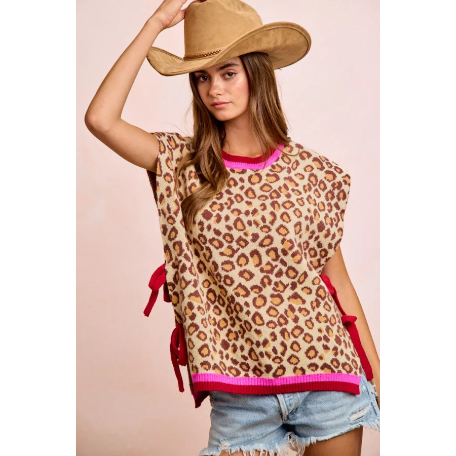 BiBi Leopard Pattern Side Tied Sweater Vest Top Apparel and Accessories