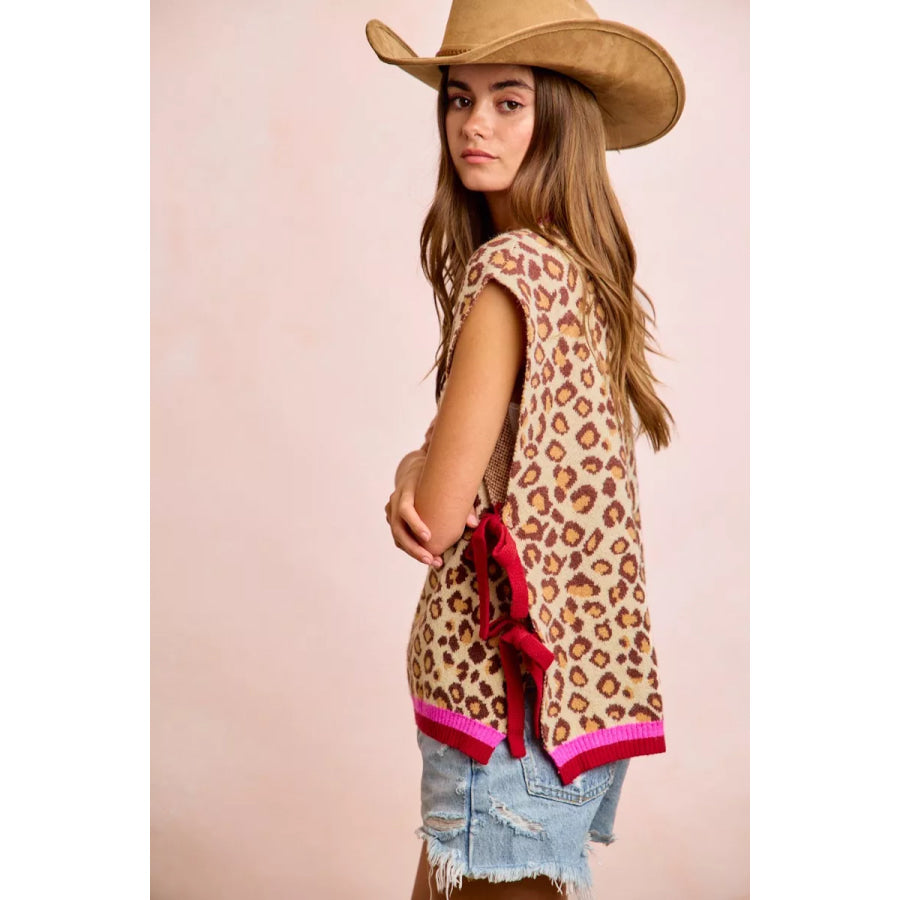 BiBi Leopard Pattern Side Tied Sweater Vest Top Apparel and Accessories