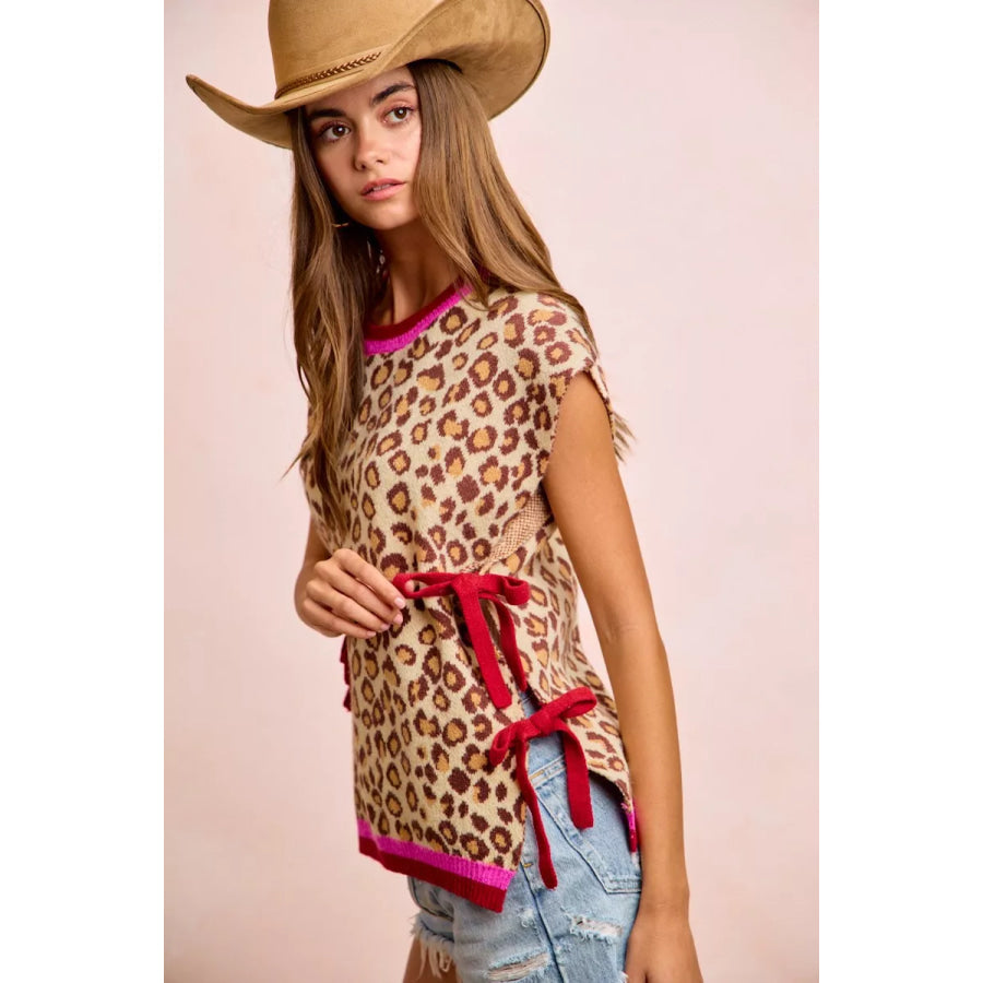 BiBi Leopard Pattern Side Tied Sweater Vest Top Apparel and Accessories