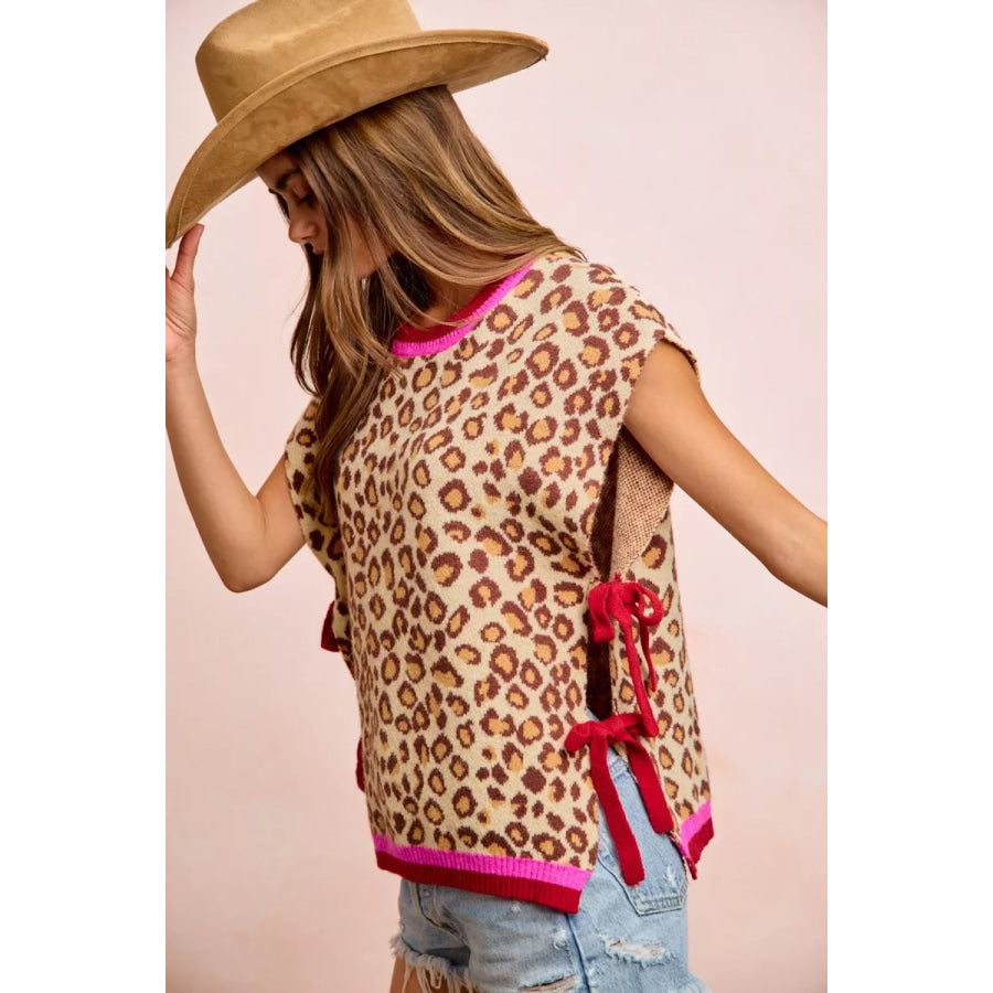 BiBi Leopard Pattern Side Tied Sweater Vest Top Apparel and Accessories