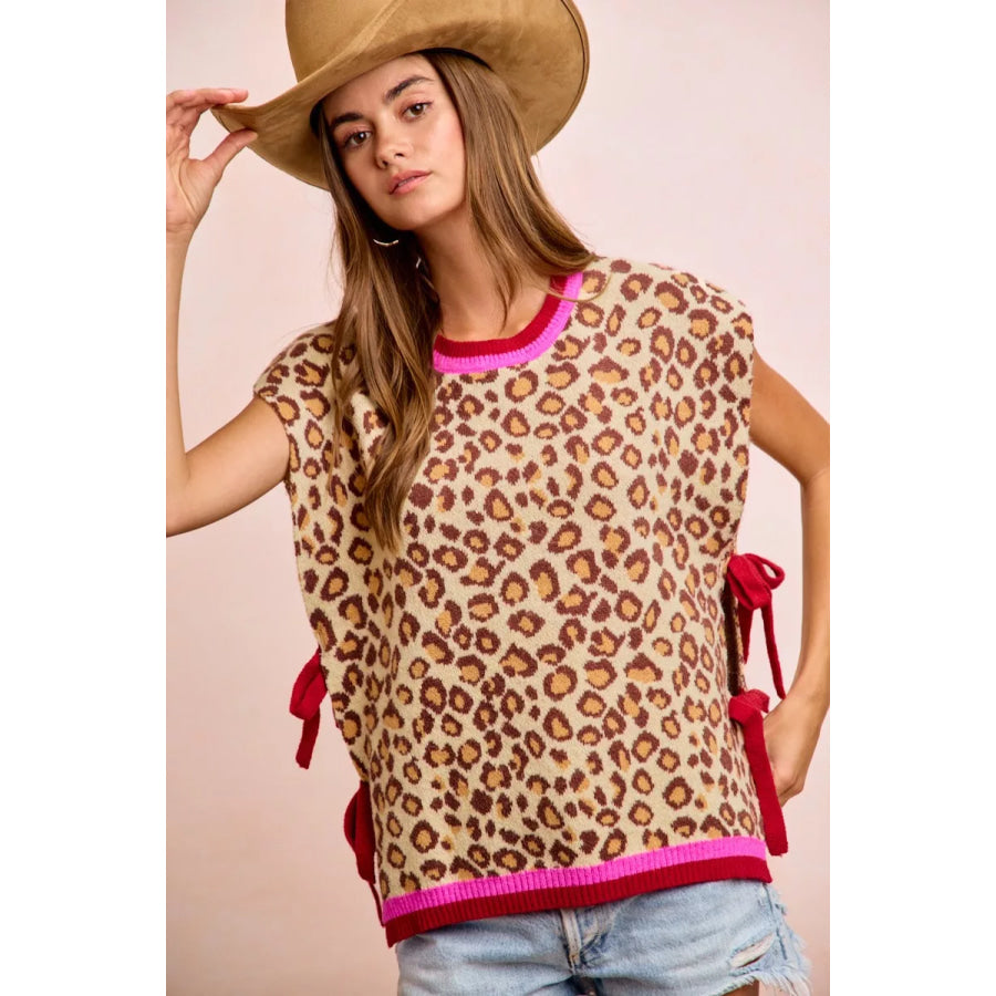 BiBi Leopard Pattern Side Tied Sweater Vest Top Apparel and Accessories
