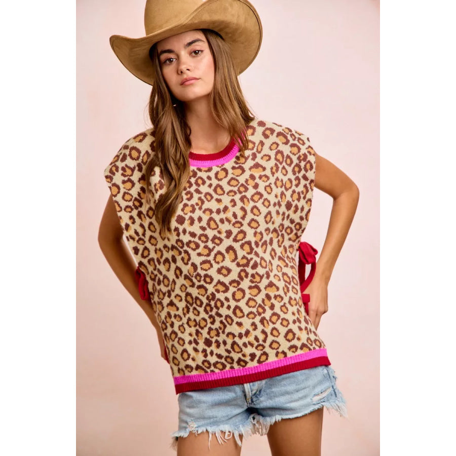BiBi Leopard Pattern Side Tied Sweater Vest Top LEOPARD / S Apparel and Accessories