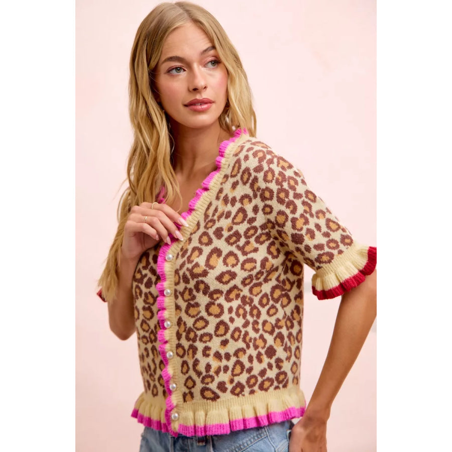 BiBi Leopard Patterned Ruffled Detail Button Cardigan Leopard / S Apparel and Accessories