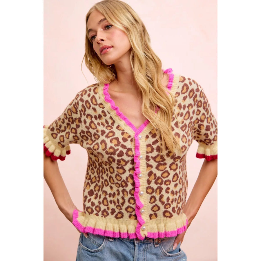 BiBi Leopard Patterned Ruffled Detail Button Cardigan Apparel and Accessories