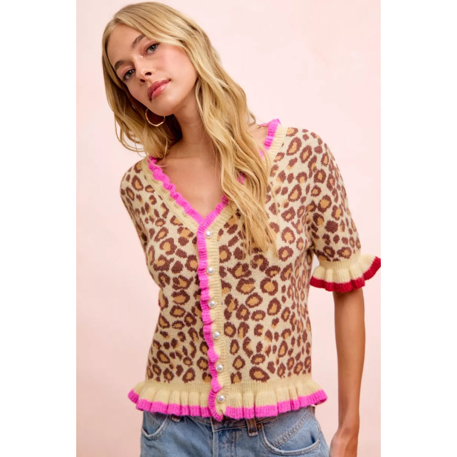 BiBi Leopard Patterned Ruffled Detail Button Cardigan Apparel and Accessories