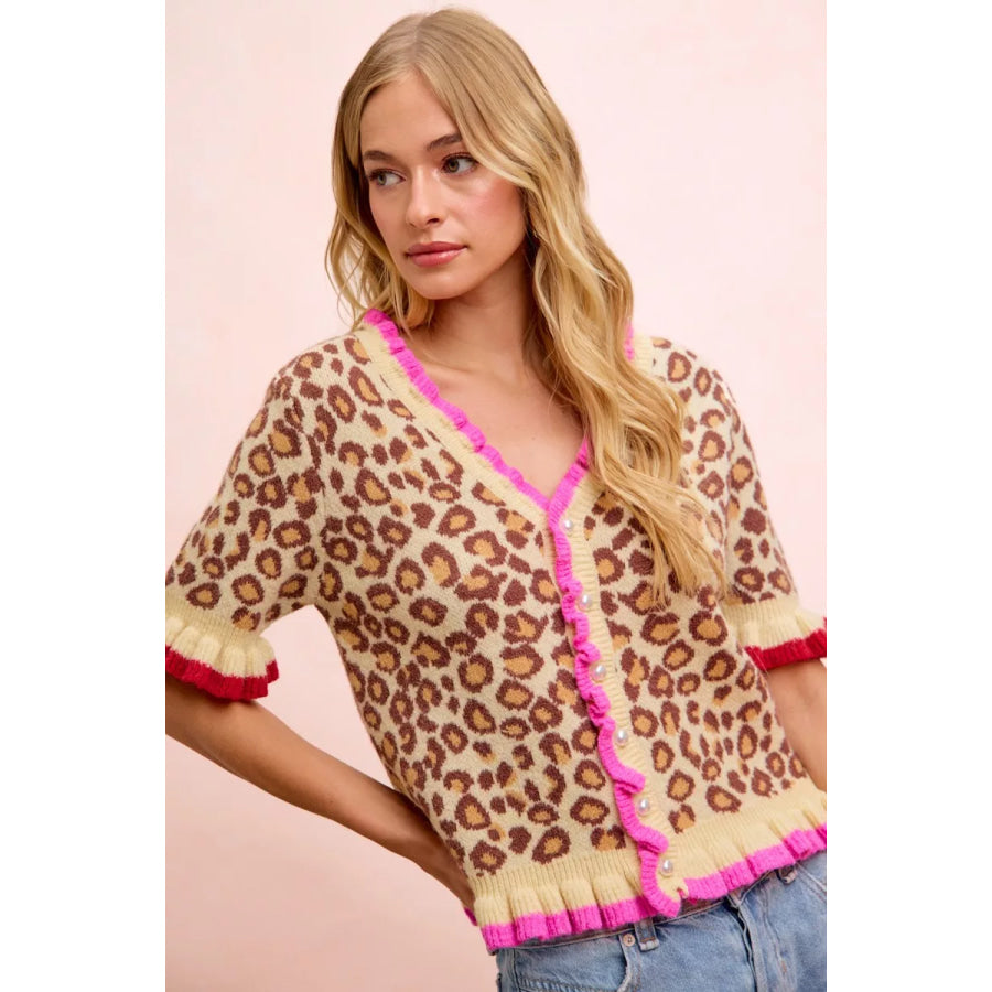 BiBi Leopard Patterned Ruffled Detail Button Cardigan Leopard / S Apparel and Accessories