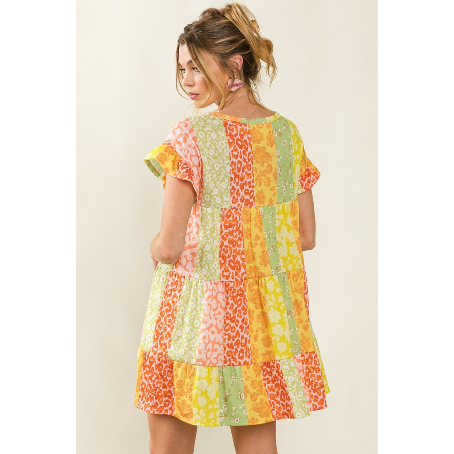 BiBi Leopard Short Sleeve Tiered Dress Orange/Lime / S Apparel and Accessories