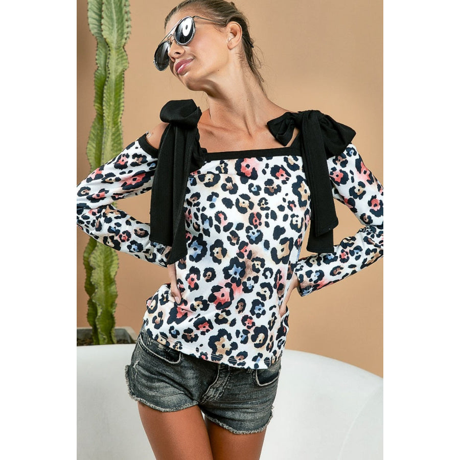 BiBi Leopard Shoulder Tie Long Sleeve Top Apparel and Accessories