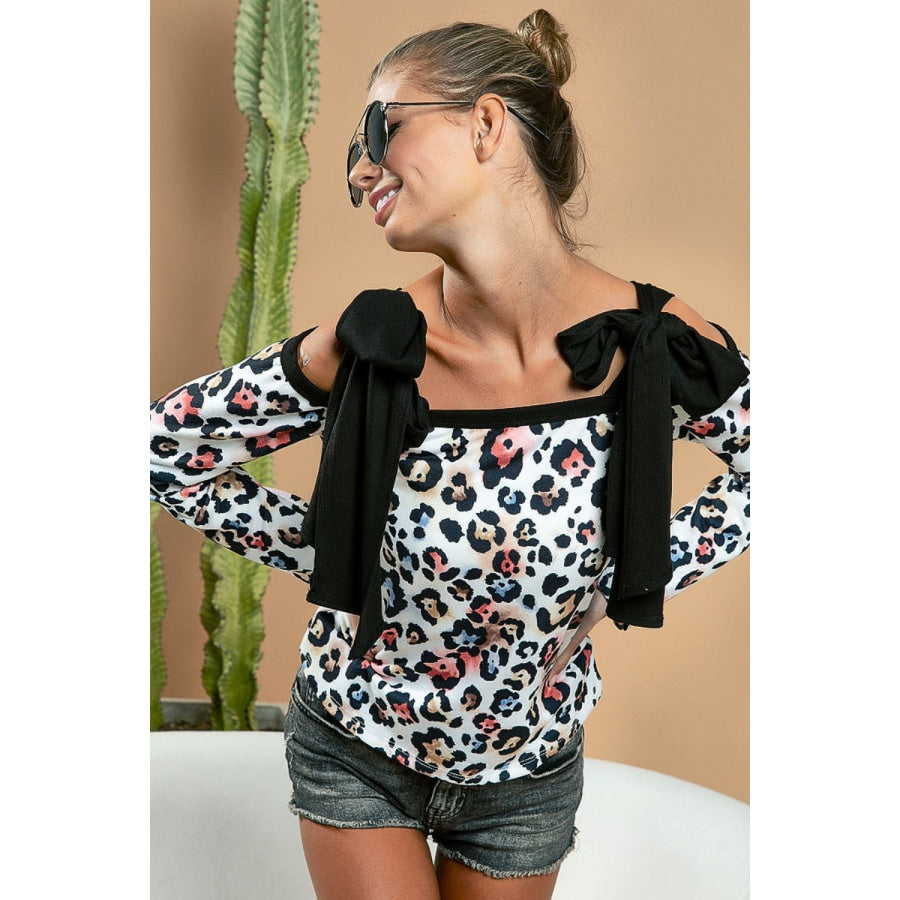 BiBi Leopard Shoulder Tie Long Sleeve Top Apparel and Accessories