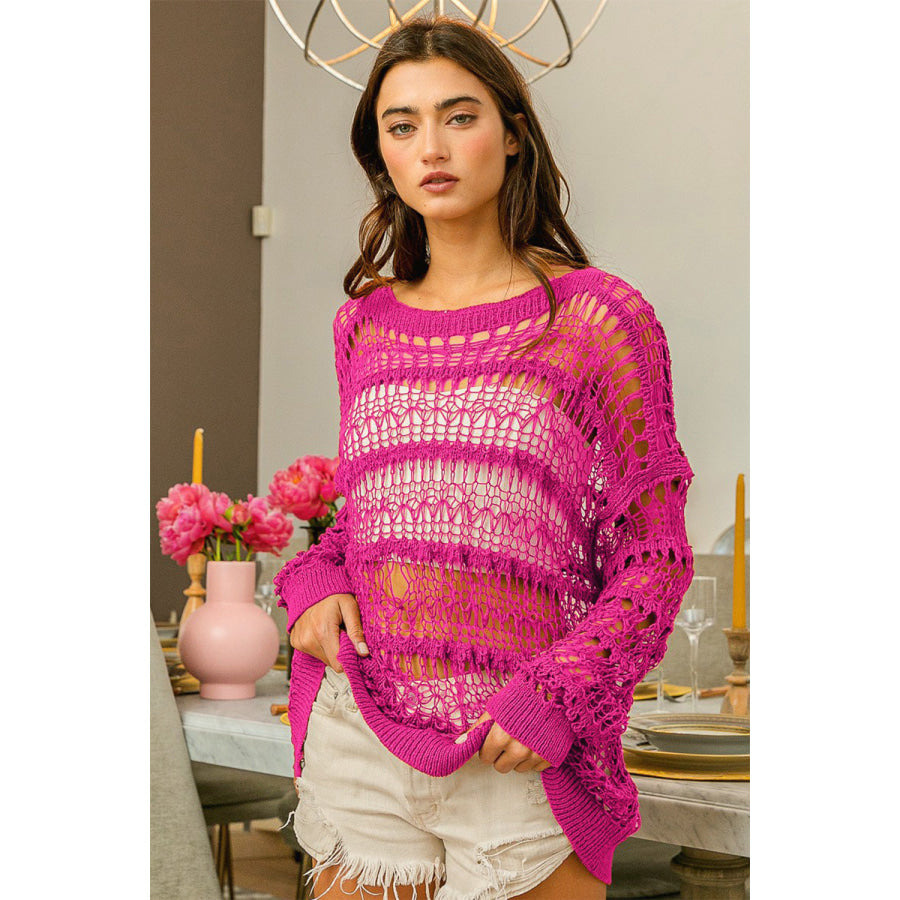 BiBi Long Sleeve Knit Cover Up Fuchsia / S Apparel and Accessories
