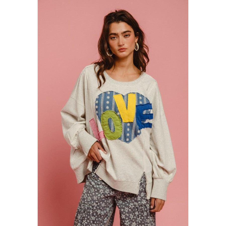 BiBi LOVE Heart Patch Slit French Terry Sweatshirt Apparel and Accessories