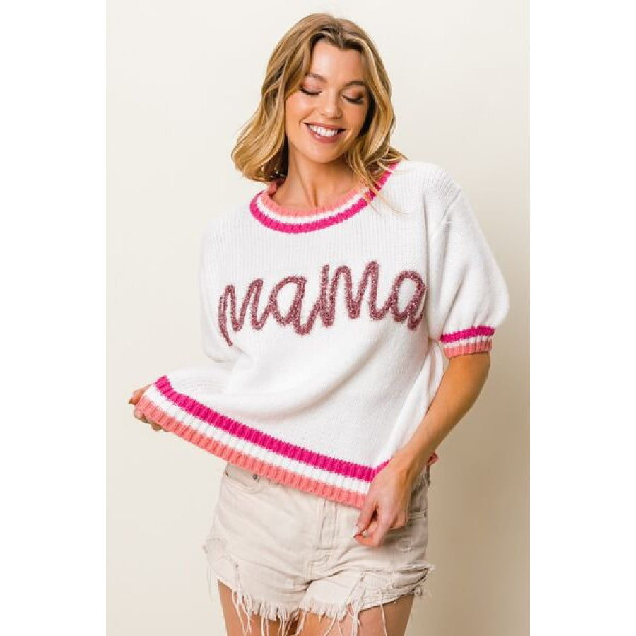 BiBi MAMA Contrast Trim Short Sleeve Sweater Apparel and Accessories