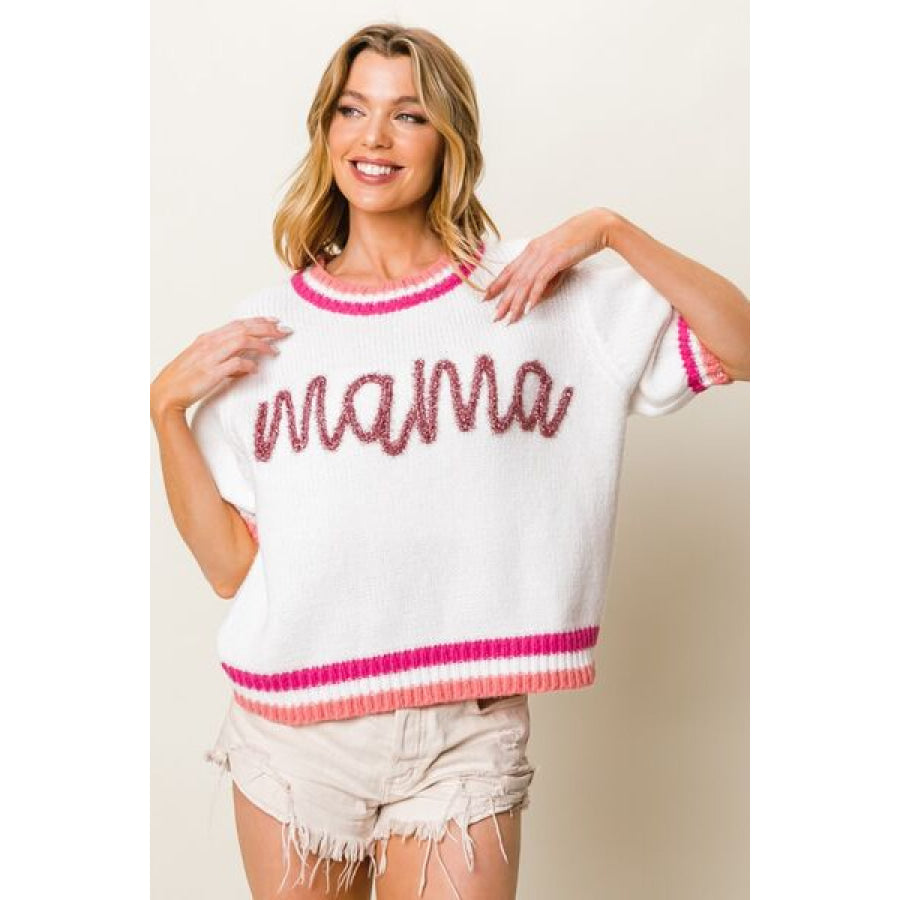 BiBi MAMA Contrast Trim Short Sleeve Sweater FuchsiaMulti / S Apparel and Accessories