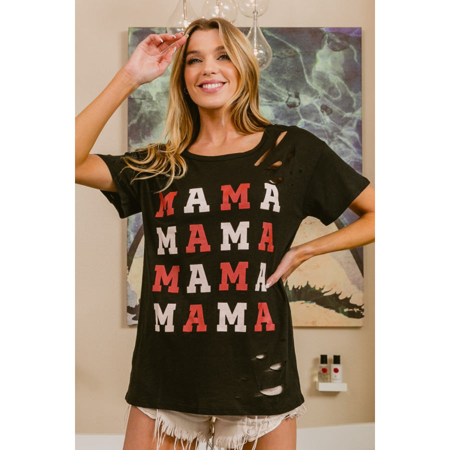 BiBi MAMA Graphic Distressed Short Sleeve T-Shirt Black / S Apparel and Accessories