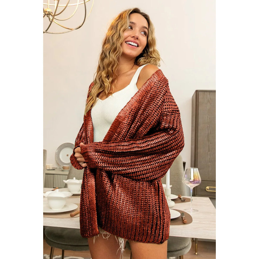 BiBi Metallic Knit V-neck Open Sweater Cardigan Apparel and Accessories