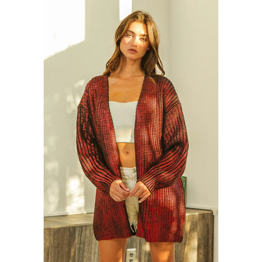 BiBi Metallic Knit V-neck Open Sweater Cardigan BURNT ORANGE / S Apparel and Accessories