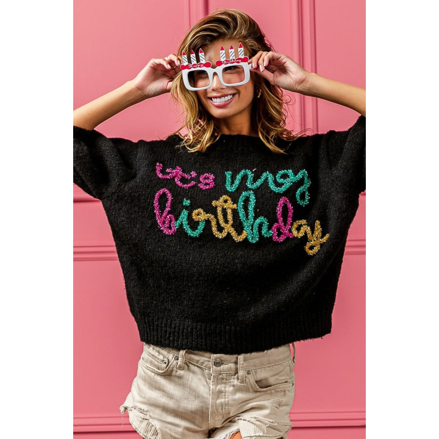 BiBi Metallic Letter Puff Sleeve Hairy Sweater Apparel and Accessories