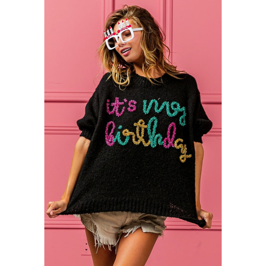 BiBi Metallic Letter Puff Sleeve Hairy Sweater Apparel and Accessories