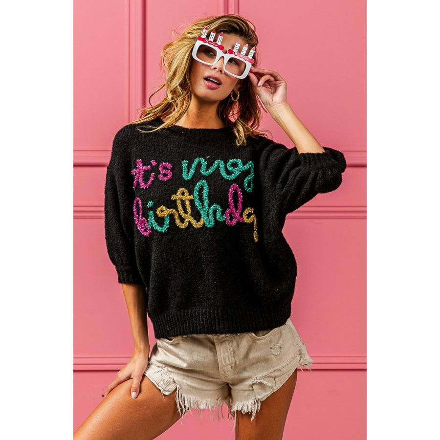 BiBi Metallic Letter Puff Sleeve Hairy Sweater Black / S Apparel and Accessories