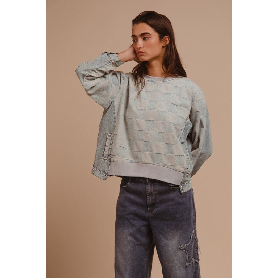 BiBi Mineral Washed Checkered Round Neck Denim Top Apparel and Accessories