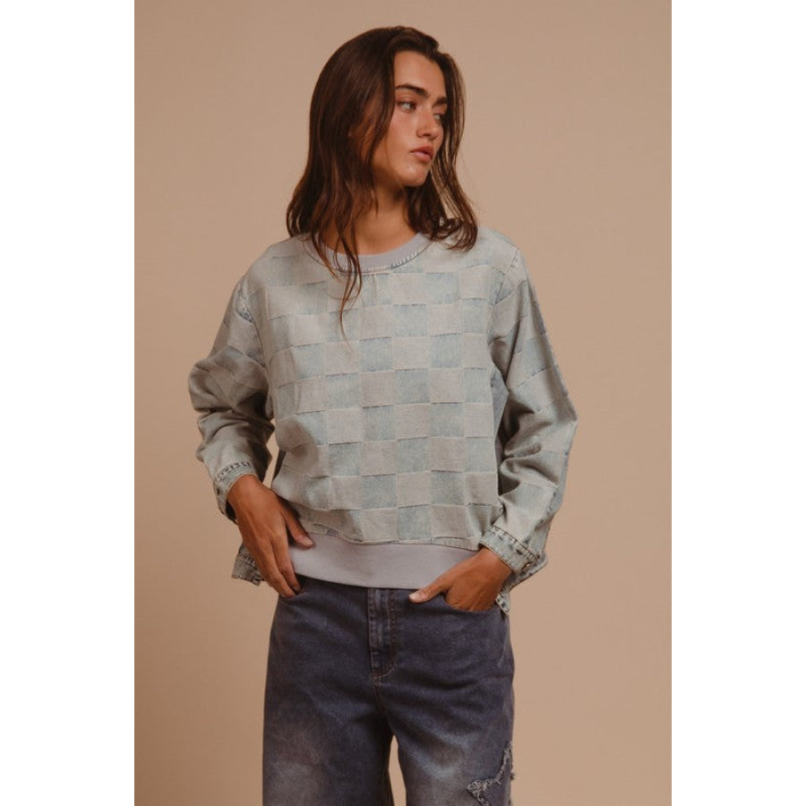 BiBi Mineral Washed Checkered Round Neck Denim Top Apparel and Accessories