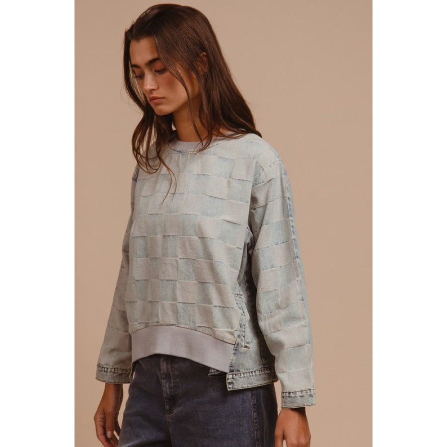 BiBi Mineral Washed Checkered Round Neck Denim Top Apparel and Accessories