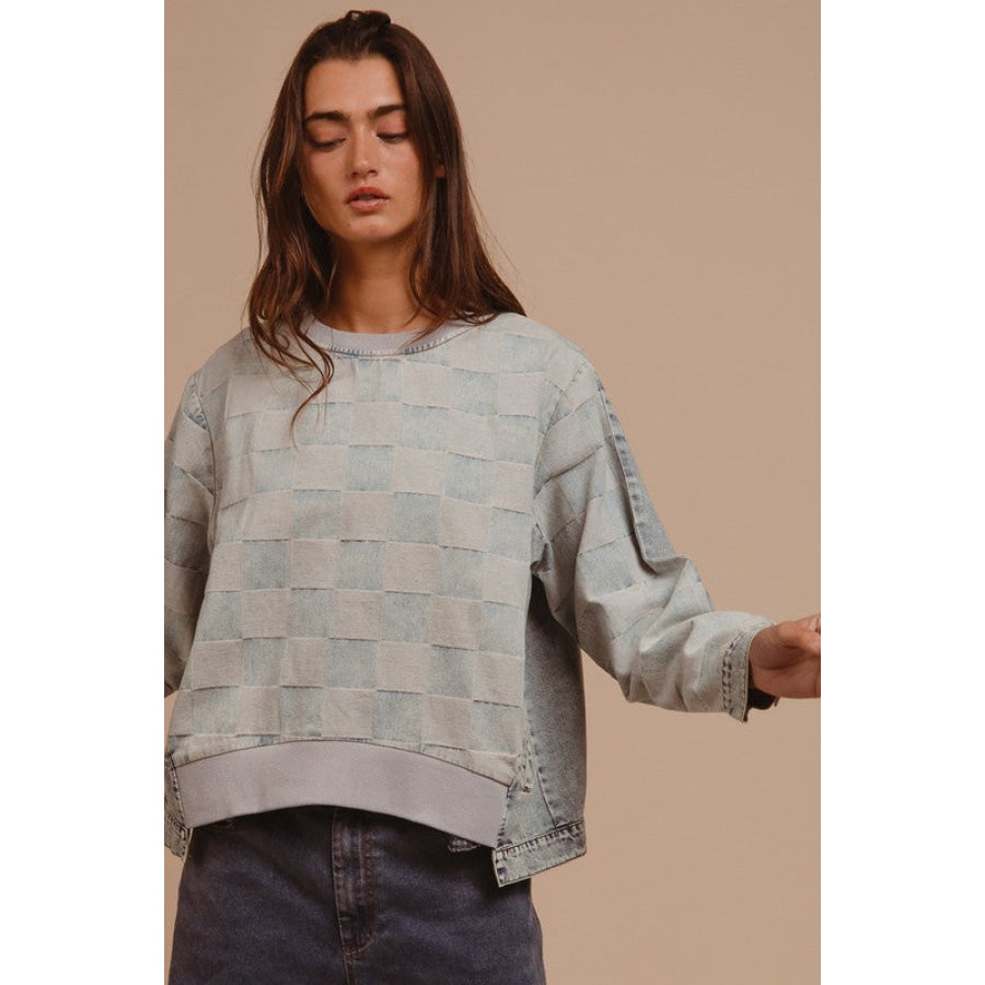 BiBi Mineral Washed Checkered Round Neck Denim Top Apparel and Accessories