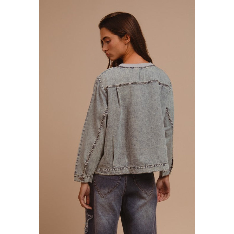 BiBi Mineral Washed Checkered Round Neck Denim Top Apparel and Accessories