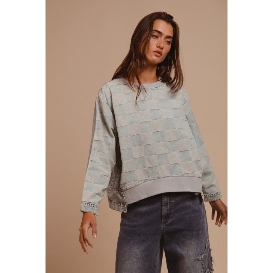 BiBi Mineral Washed Checkered Round Neck Denim Top Apparel and Accessories