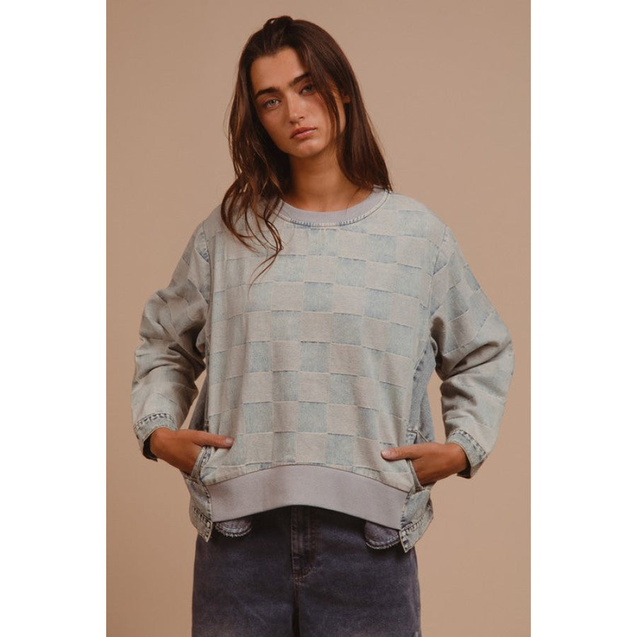 BiBi Mineral Washed Checkered Round Neck Denim Top DENIM / S Apparel and Accessories